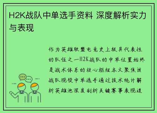 H2K战队中单选手资料 深度解析实力与表现